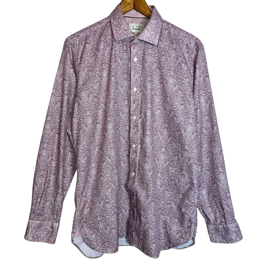 Ted Baker Endurance Men's Pink Paisley Buton Up Dress Shirt Collar Large